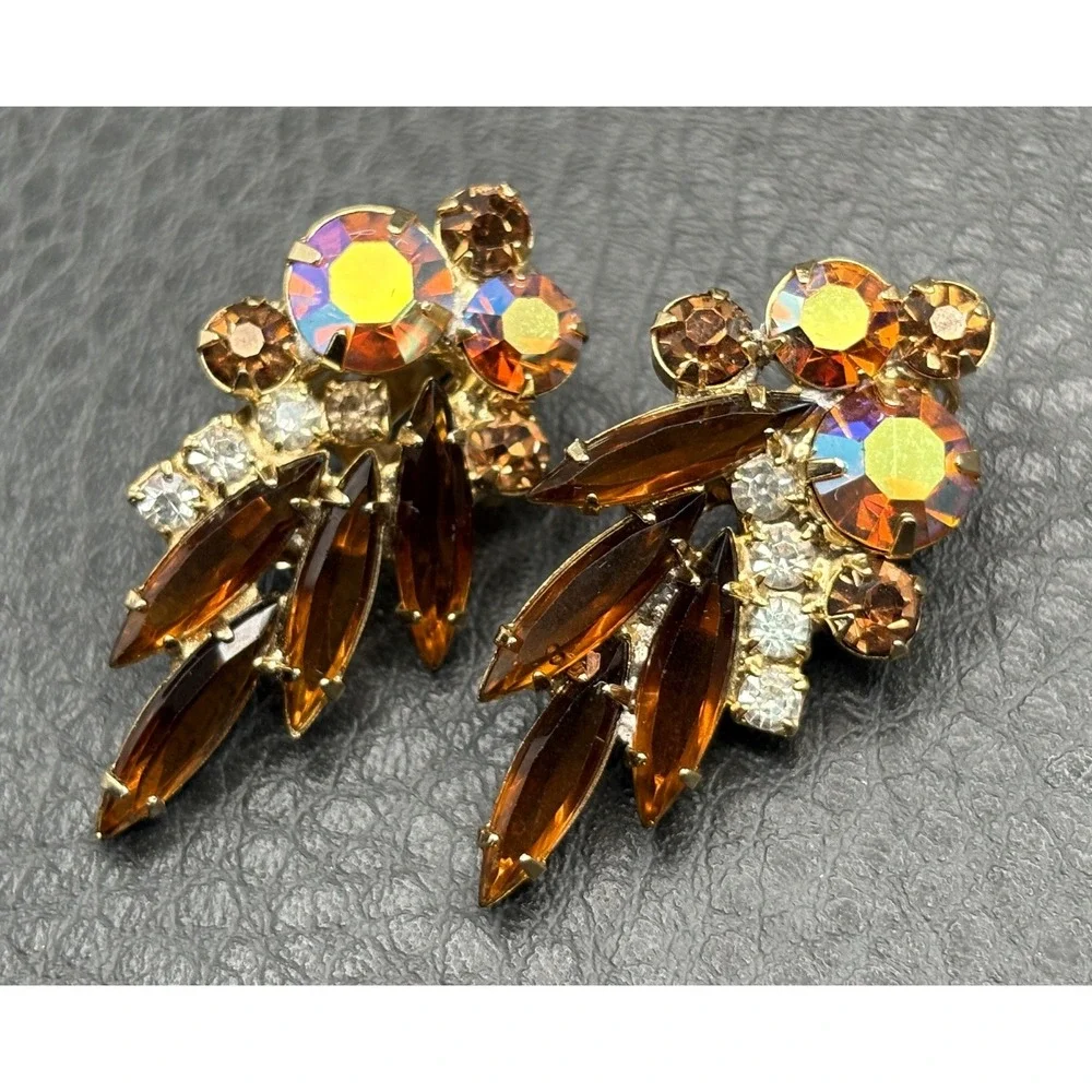 Vintage Aurora Borealis AB Rhinestone Navette Clip On Earrings Gold Tone